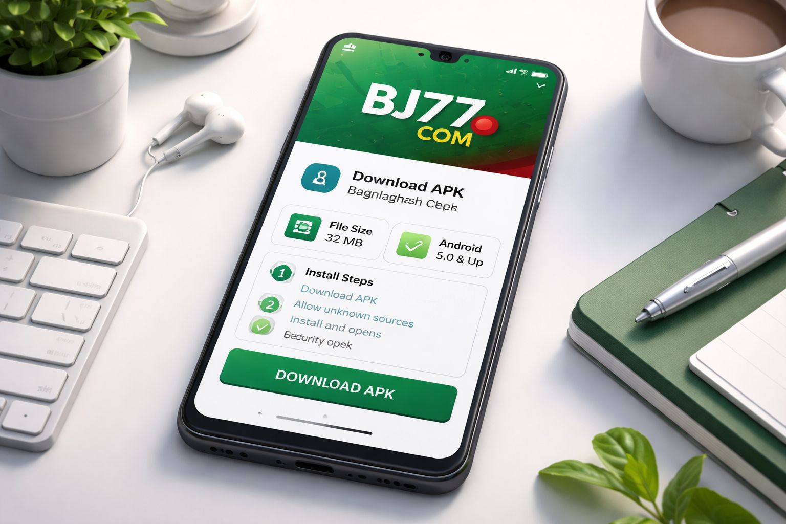 BJ77 COM APK download details on a smartphone interface