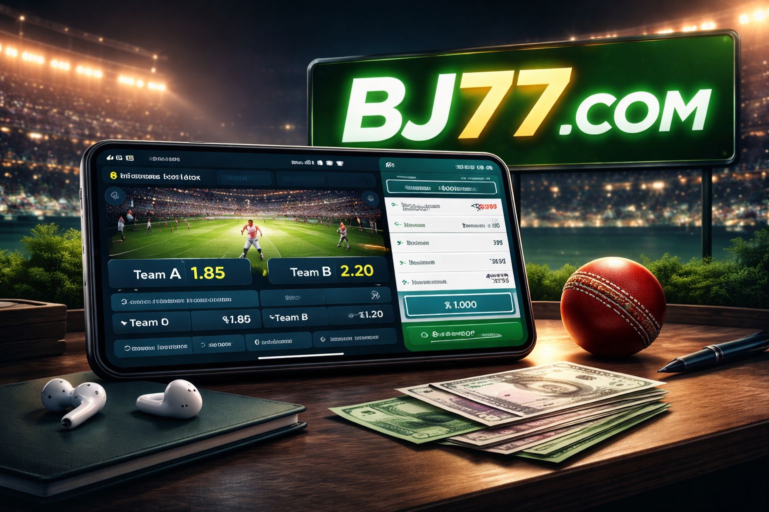 BJ77 COM mobile sportsbook with live cricket markets and active bet slip