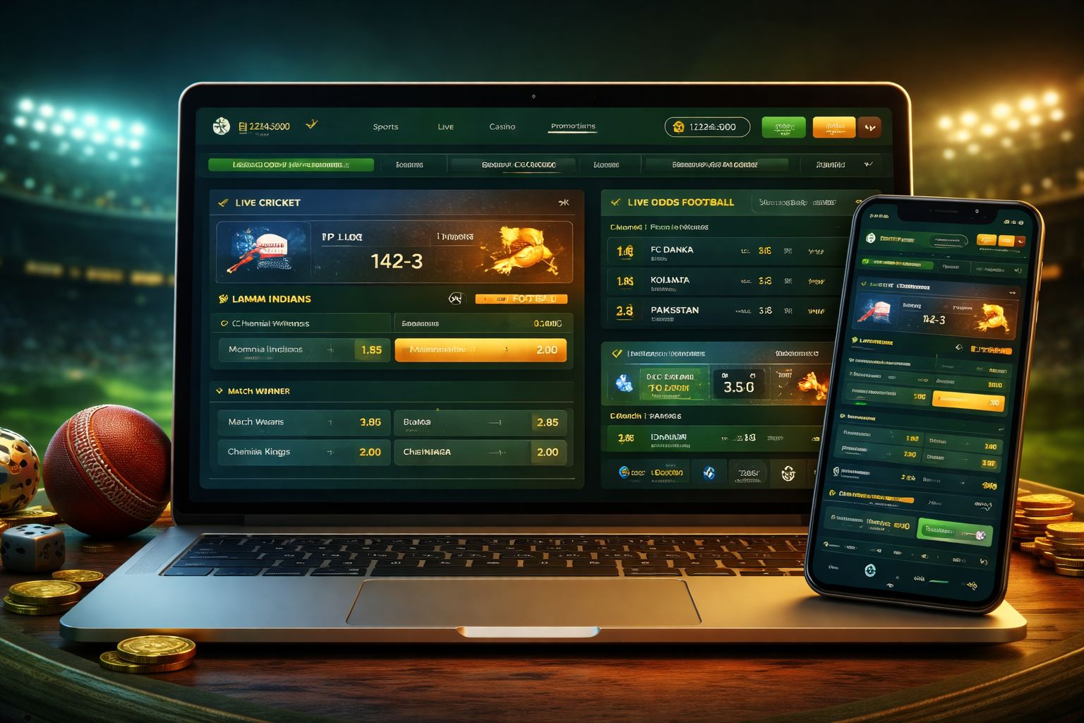 BJ77 COM live betting dashboard showing cricket match odds, football lines, and market filters