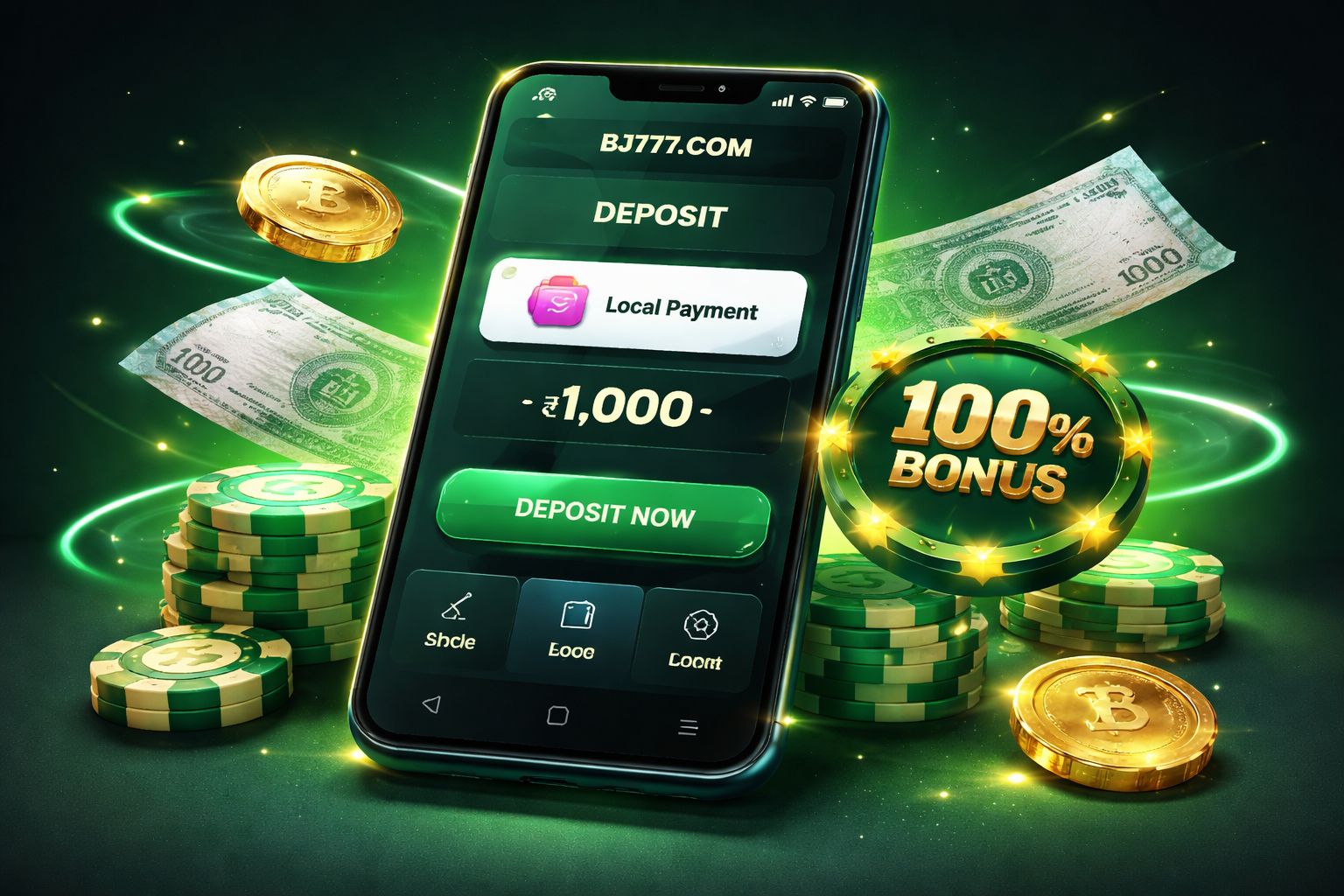 BJ77 COM first deposit bonus shown on a mobile screen