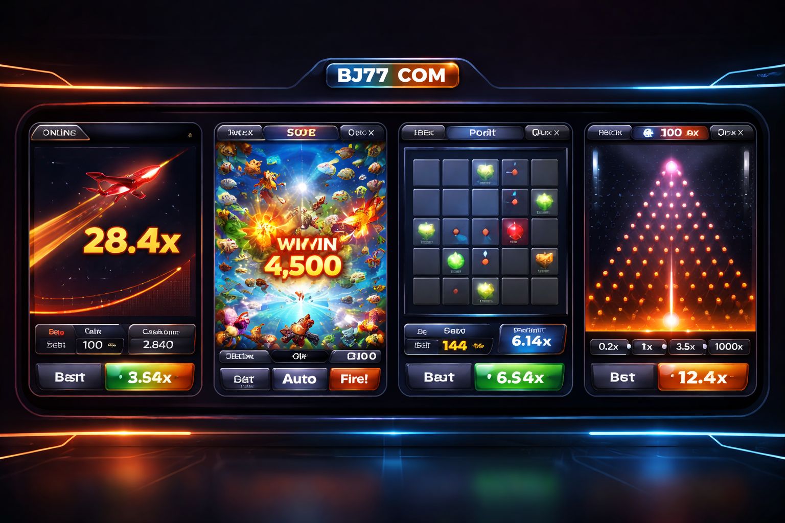 BJ77 COM crash games display with Aviator and multiplier panels