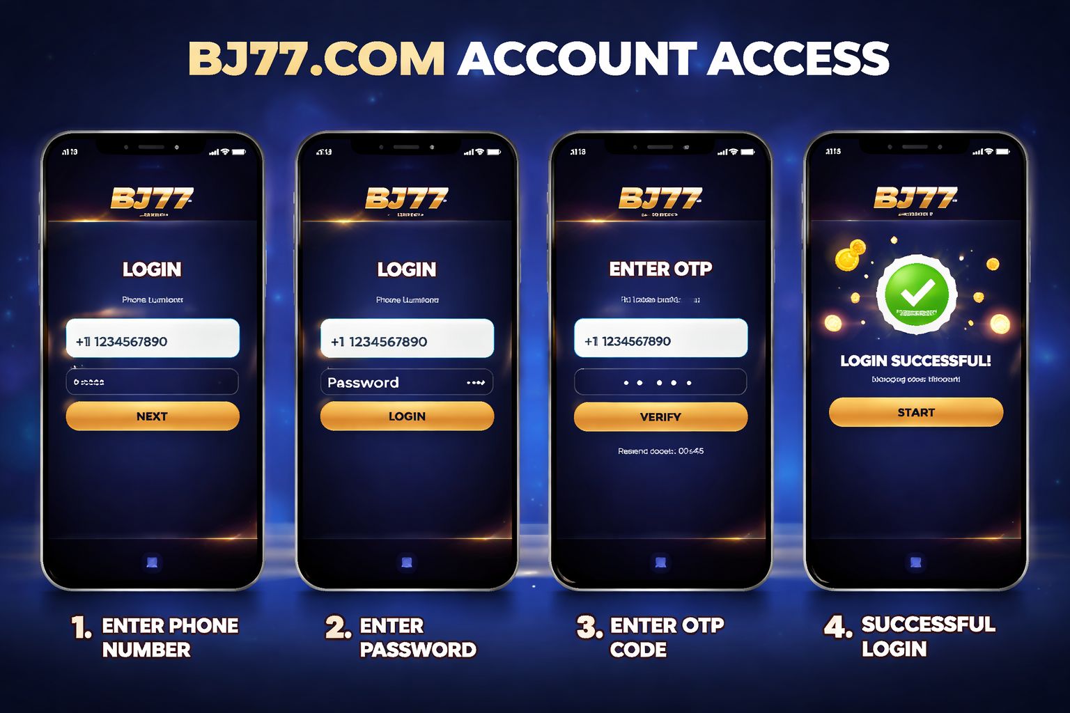 BJ77 COM login steps with phone and password fields