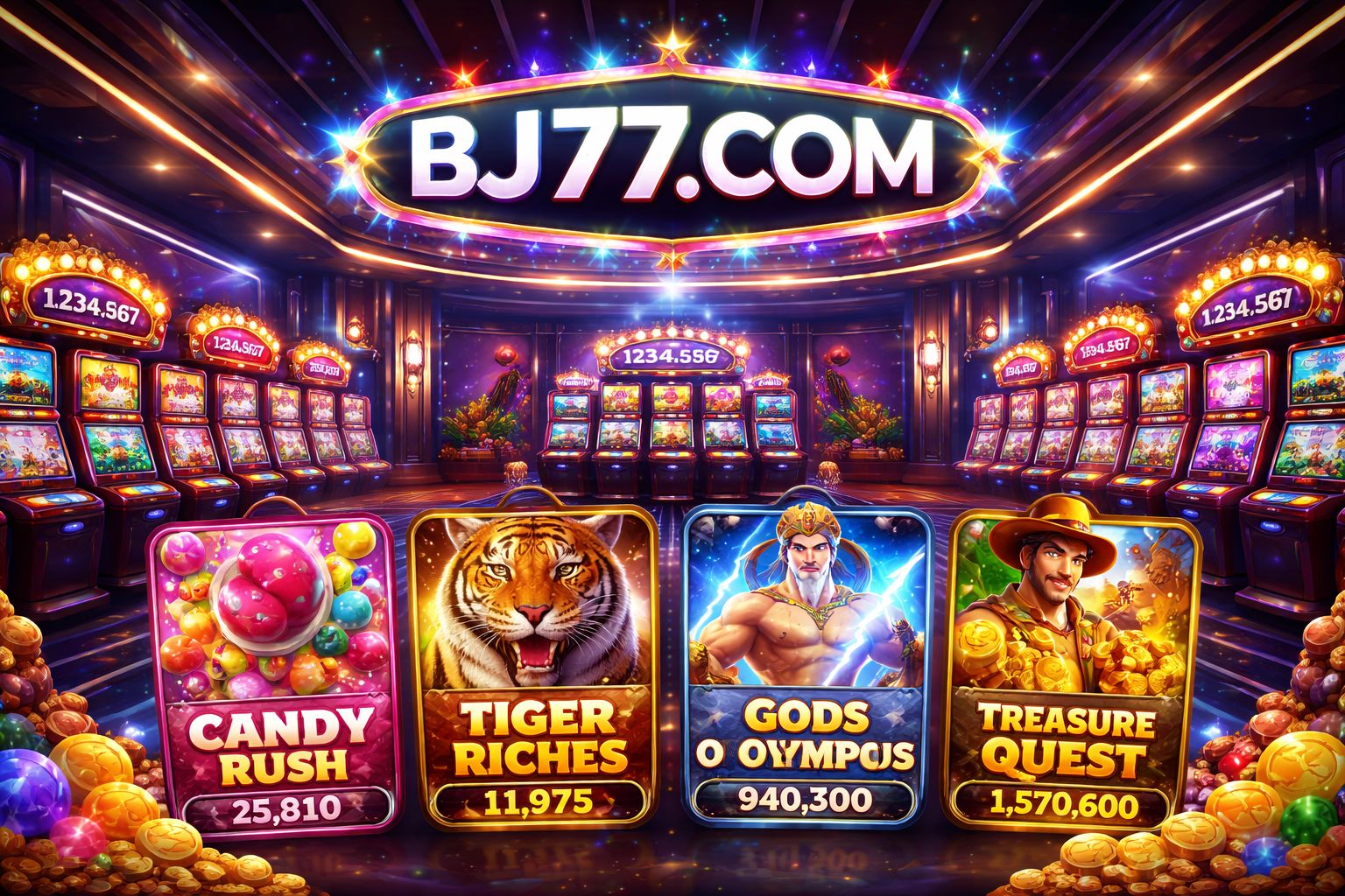 BJ77 COM slots lobby with colourful reels and jackpot themes