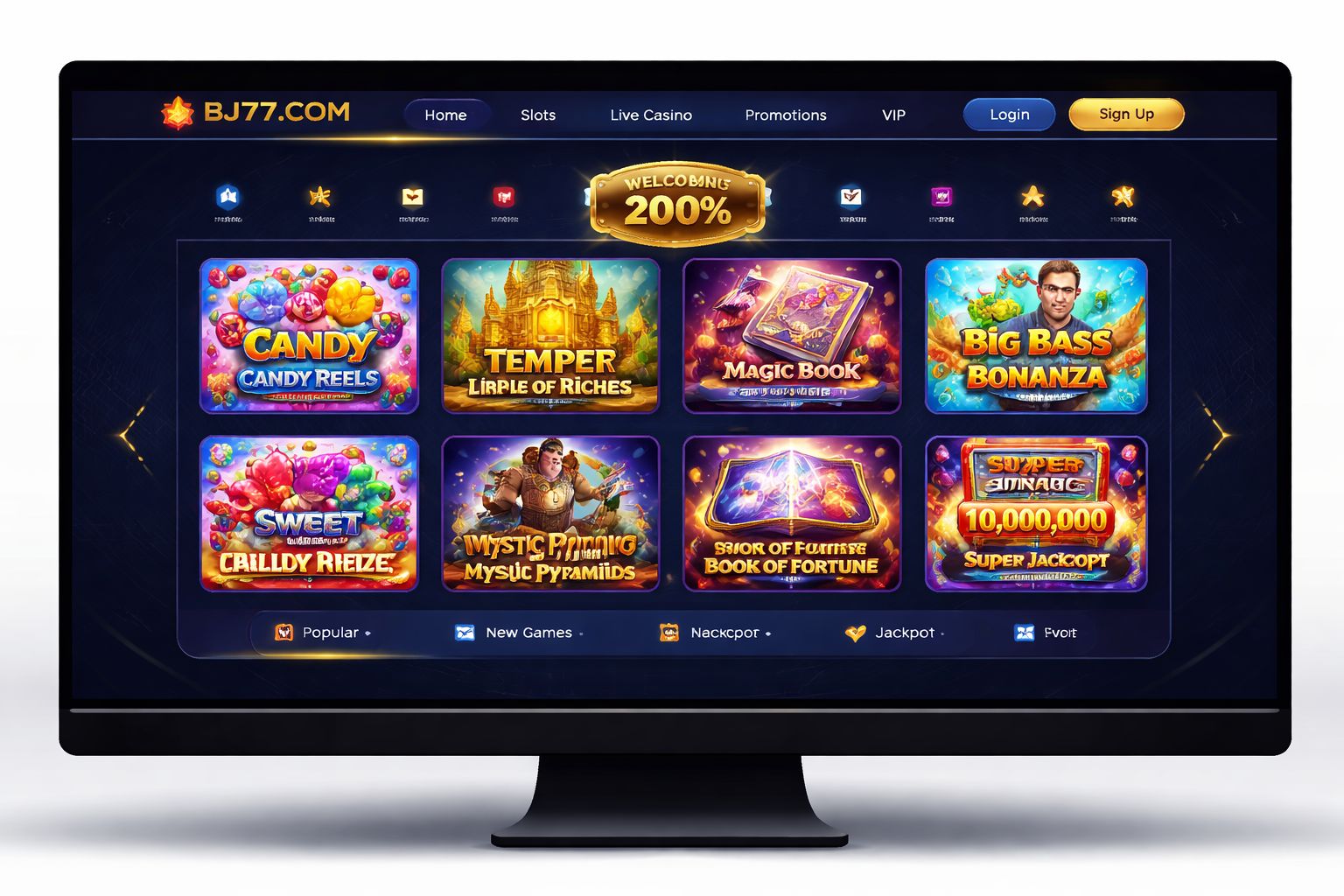 BJ77 COM slot game grid featuring popular reel titles